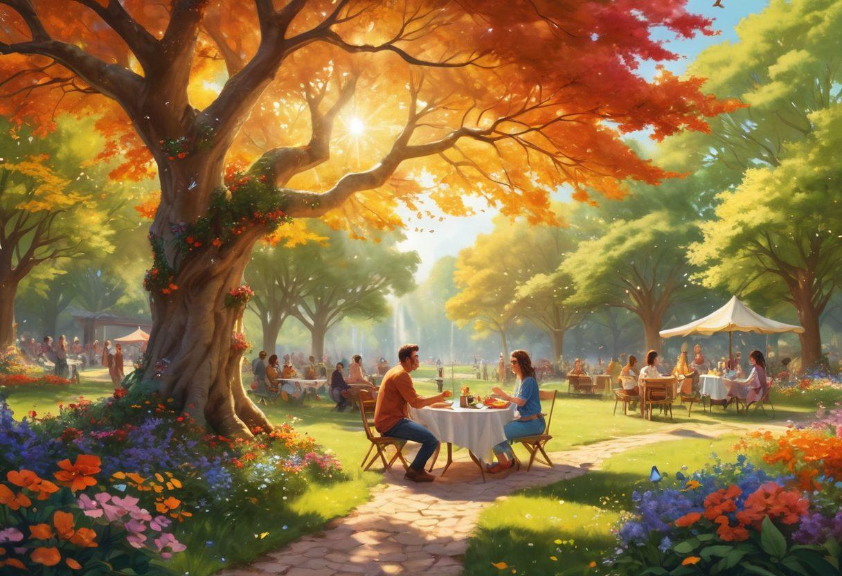 A bright and colorful scene depicting a peaceful outdoor setting filled with joyful people engaging in various cheerful activities like laughing, dancing, and picnicking under vibrant trees with blooming flowers. Sunlight filters through the leaves, creating a warm atmosphere, while whimsical elements like butterflies and musical notes float in the air. The overall vibe is uplifting and inspiring. vibrant colors. super-realistic. cheerful and light atmosphere.
