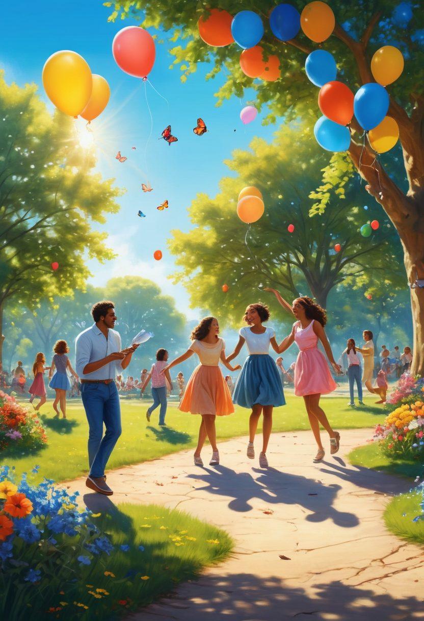 A whimsical scene depicting a diverse group of people joyfully engaging in various activities, such as dancing, picnic, and painting in a sunlit park. The background features blooming flowers and a clear blue sky, symbolizing the beauty of brief moments. Include playful elements like butterflies and colorful balloons to enhance the cheerful vibe. super-realistic. vibrant colors. bright and sunny atmosphere.