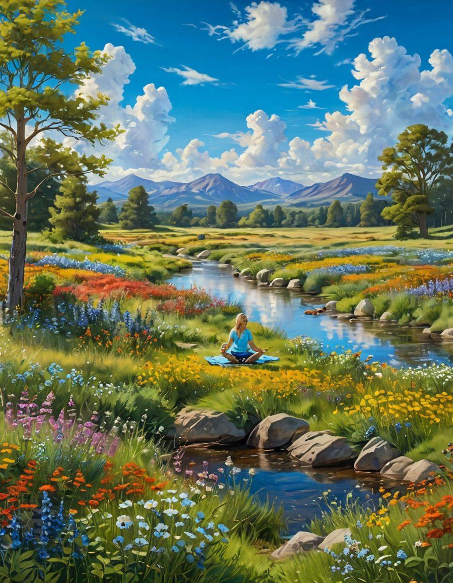 A serene landscape depicting a sunlit meadow filled with wildflowers in vivid colors, where diverse individuals of various ages are engaging in joyful activities like laughter and yoga. In the background, a bright blue sky with fluffy clouds adds an uplifting atmosphere, while a gentle stream reflects sunlight, symbolizing happiness and tranquility. vibrant colors. super-realistic.